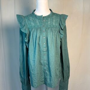 Free People Teal Ruffle Button-Up Blouse